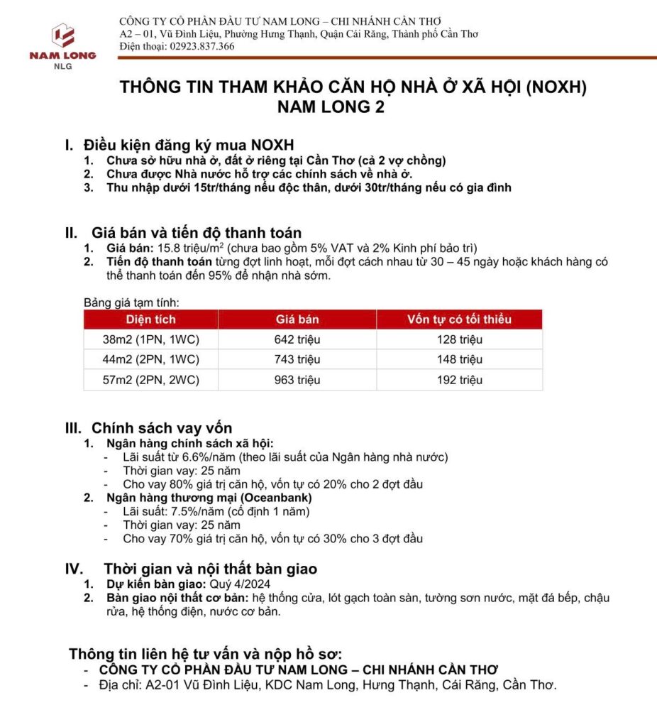 thông tin nhà ở xã hội dự án nam long 2 cần tho