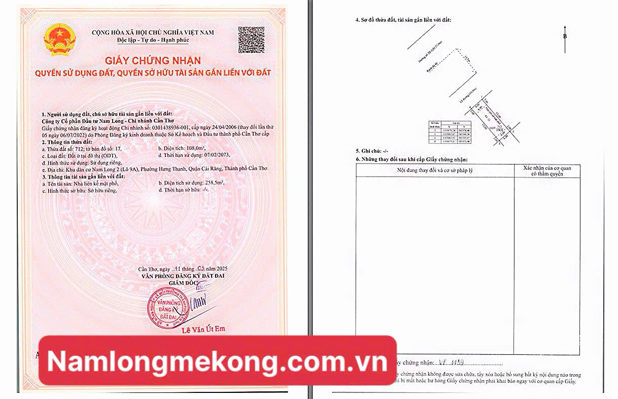 sổ hồng shophouse trục đường lê trọng tấn nam long 2 cần thơ