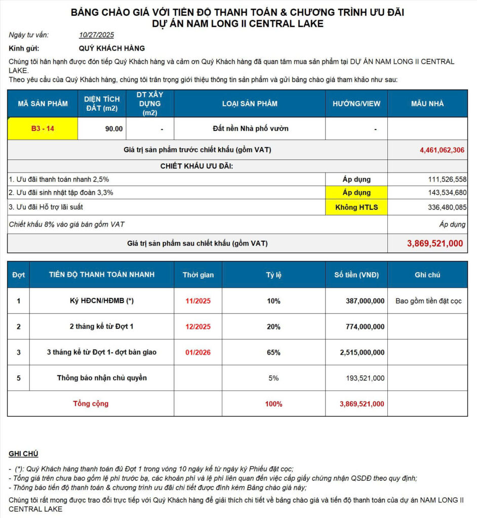Báo giá chi tiết vị trí chương trình chính sách thanh toán nền Nam Long 2