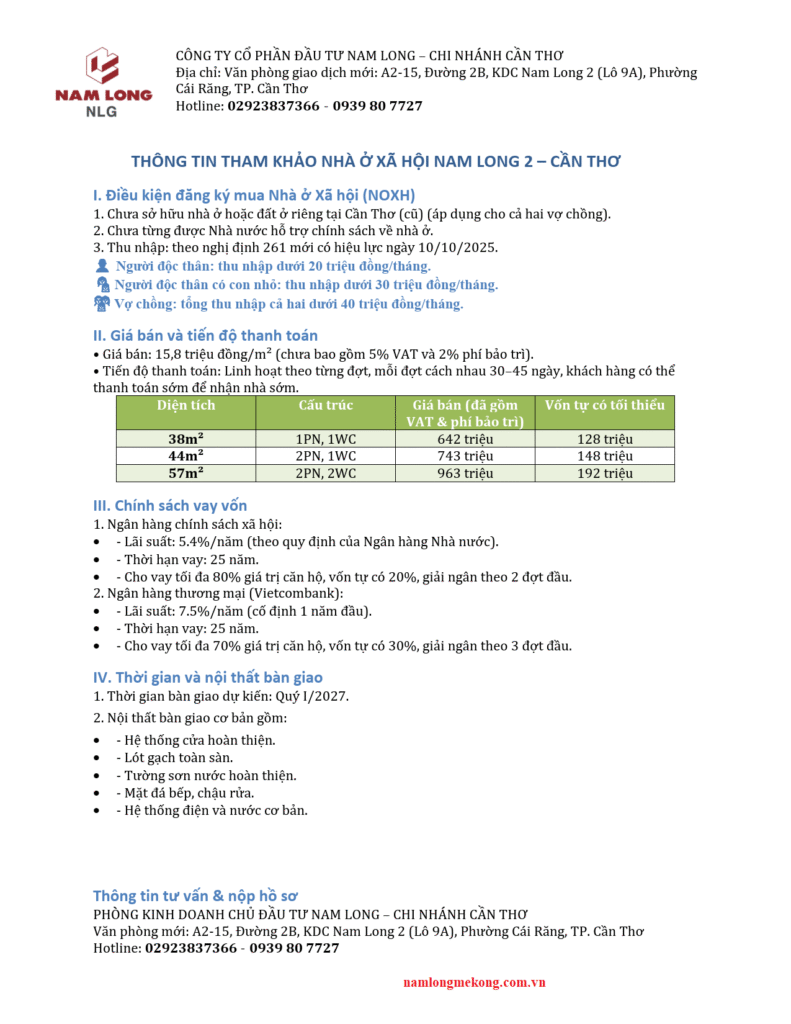 chính sách mới về nhà ở xã hội nam long 2 cần thơ