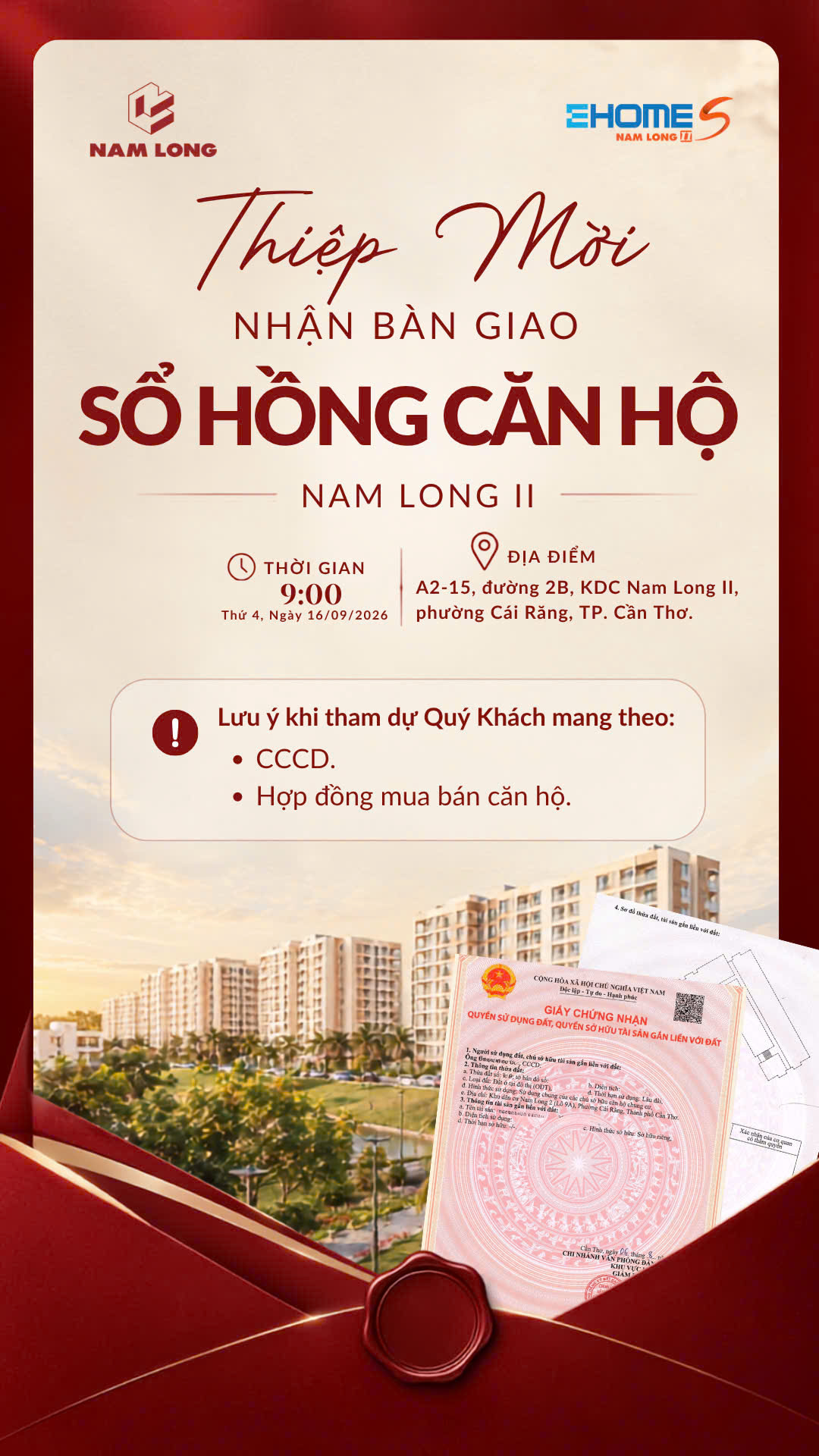 Thư mời nhận bàn giao sổ hồng căn hộ EHomeS Nam Long II Cần Thơ